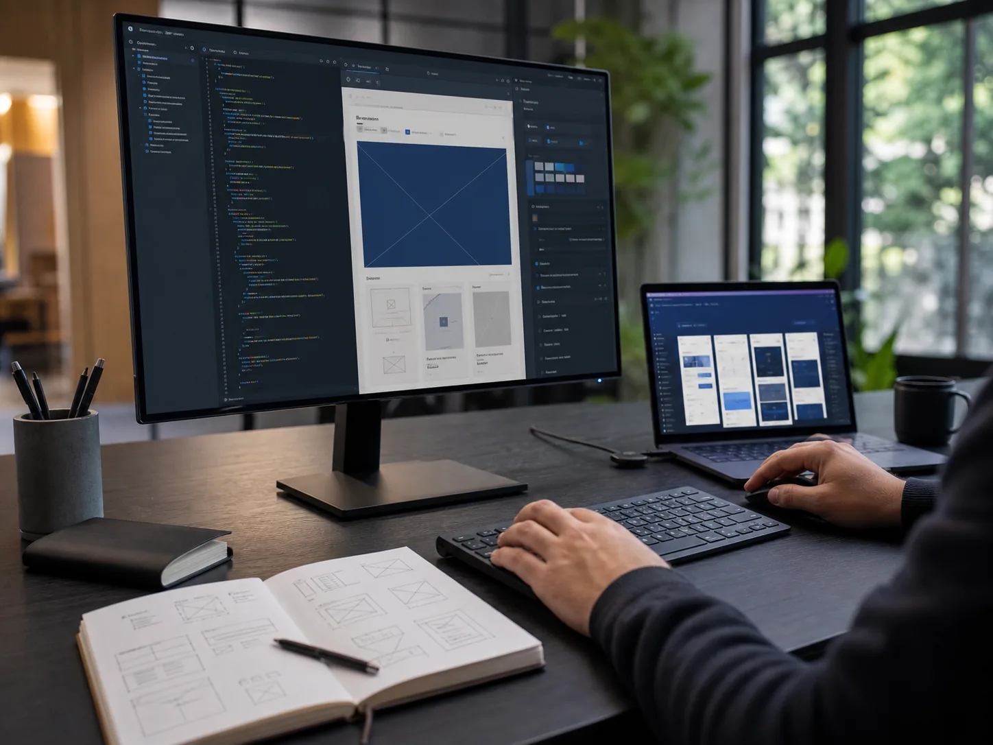 Professional designing a web experience in a contemporary workspace